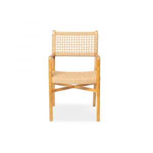 Sedia con braccioli intrecciate in fibra naturale con gambe in legno di teak