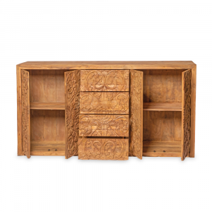 Buffet in legno di teak recycle con 4 ante e 4 cassetti intagliati con motivi floreali e ripiani interni #1123ID2550