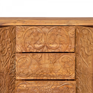Buffet in legno di teak recycle con 4 ante e 4 cassetti intagliati con motivi floreali e ripiani interni #1123ID2550