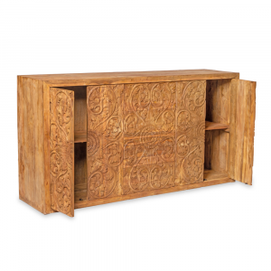 Buffet in legno di teak recycle con 4 ante e 4 cassetti intagliati con motivi floreali e ripiani interni