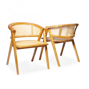 Sedia tonda con braccioli schienale intrecciato tipo Paglia di Vienna e  seduta in fibra naturale con gambe in legno di teak