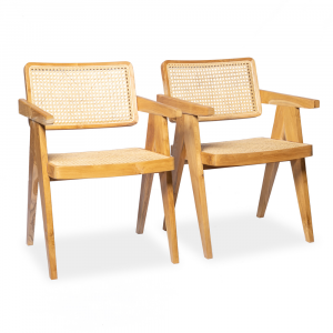 Sedia in legno di teak con braccioli con schienale e seduta intrecciati 