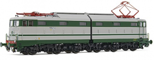FS, locomotiva elettrica E.646, 2a serie, livrea verde/grigia con modanature d'alluminio e carrelli neri, ep. IV