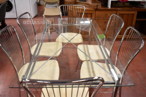 Glass Table 160x80 Cm + 6 Chairs Chrome And Impagliate