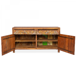 Buffet in legno di teak recycle con 2 ante e 2 cassetti intagliati con motivi floreali e ripiani interni
