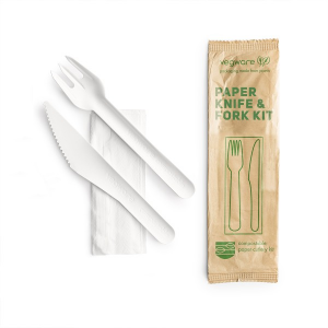Bis di posate compostabili (forchetta + coltello + tovagliolo) in CARTA