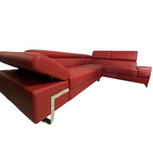 BENJY - Divano angolare in pelle rossa a 5 posti maggiorati con poggiatesta recliner manuali piedini cromati lucidi – Design moderno