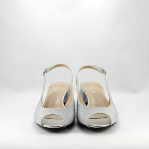 Sandalo cerimonia donna argento con tacco largo.