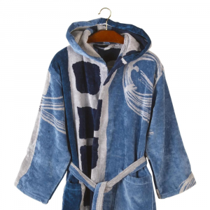 Carrara cotton bathrobe with hood in Abstract Blue terry cloth
