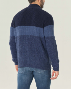 Maglione blu color block in lana punto pannocchia con chiusura zip