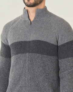Maglione grigio color block in lana punto pannocchia con chiusura zip