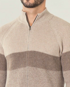 Maglione beige color block in lana punto pannocchia con chiusura zip