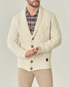 Maglione cardigan avorio in lana lavorato a trecce