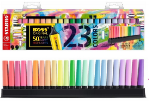 stabilo boss set 23 colori con supporto 9 colori fluo + 14 colori pastel