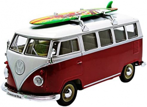 Welly - Volkswagen Station Wagon Classica T1 con tavola da Surf Rosso / Bianco, Scala 1:24 