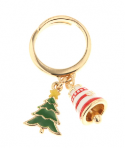 By Simon - Anello in Metallo con pendente a forma di albero di natale e campanella portafortuna natalizia