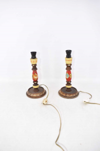 Pair Lamps Abat-jour Wood Shape Of Candlestick Hand Painted H 24 Cm