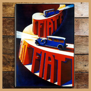 Cartello pubblicitario da parete in metallo con auto Fiat