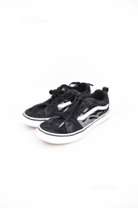 Shoes Boy Vans Size 34.5 Black White With Flames Grey