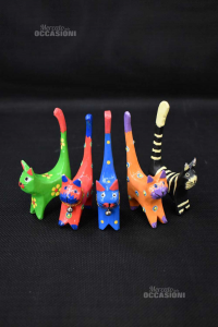 Kittens Holder Rings 5 Wooden Pieces Colored