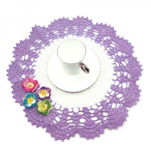 Centrino bianco e lilla con fiori colorati ad uncinetto 30 cm - Crochet by Patty