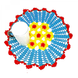 Centrino turchese, rosso e giallo ad uncinetto 30 cm - Crochet by Patty