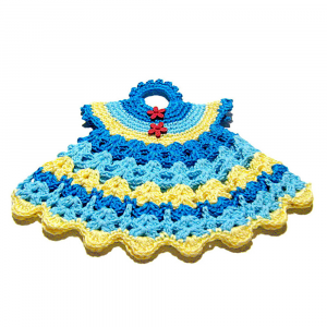 Presina vestitino azzurro e giallo ad uncinetto 19.5x16.5 cm - Crochet by Patty
