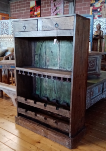 Mobile bar in legno di teak con finestra indiana recuperata