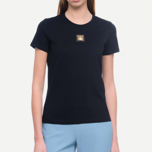 T-Shirt a Girocollo Elisabetta Franchi Golden Metal Plaque - Nero