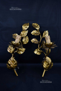 Pair Wall Light Stick With Leaves Gold Plated Length 39 Cm