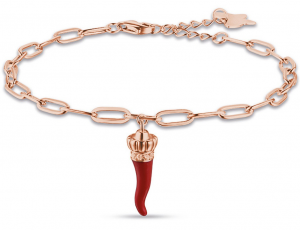 Melitea - Bracciale in argento a catena IP rosè con corno rosso e quadrifoglio