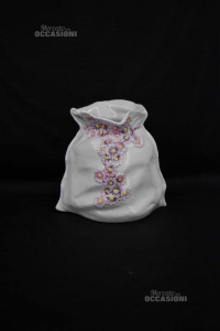 Vaso In Ceramica A Forma Di Sacco Bianco Con Fiori Rosa H 16 Cm