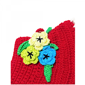 Presina cappello rosso con fiori ad uncinetto 12.5x18 cm - Crochet by Patty