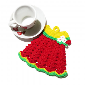 Presina vestitino rosso, giallo e verde ad uncinetto 15x14 cm - Crochet by Patty