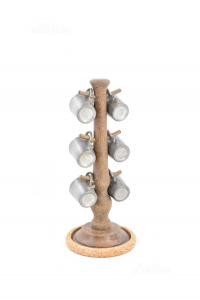 Wooden Pedestal With 6 Shot Glasses In Pewter
