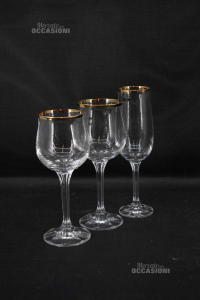 Service Of Crystal Goblets With Edge Golden 5 + 6 + 6 (17 Pieces Total)