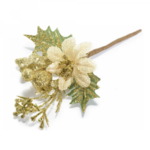 Mazzolino glitterato con stella di Natale bacche e decorazioni dorate