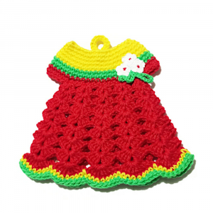 Presina vestitino rosso, giallo e verde ad uncinetto 15x14 cm - Crochet by Patty