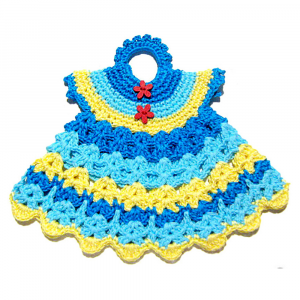Presina vestitino azzurro e giallo ad uncinetto 19.5x16.5 cm - Crochet by Patty