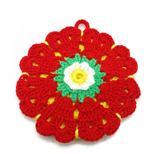 Presina rotonda fiore rosso ad uncinetto 12 cm - Crochet by Patty