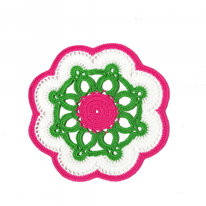 Centrino bianco, verde e fucsia ad uncinetto 22 cm - Crochet by Patty