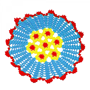 Centrino turchese, rosso e giallo rotondo ad uncinetto 30 cm
