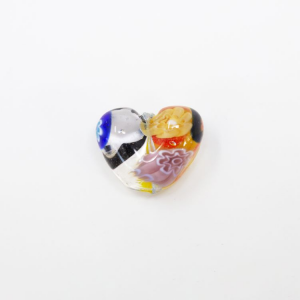 Perla di Murano a cuore con Murrine millefiori colore trasparente, Ø16 mm con foro passante.