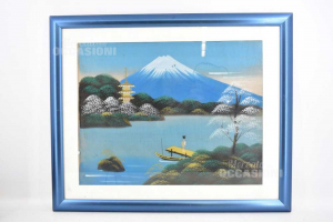 Quadro Dipinto Giapponese Cornice Azzurra Dimensione 55x45 Cm