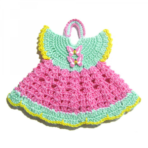 Presina vestitino rosa e acquamarina ad uncinetto 19x16 cm - Crochet by Patty