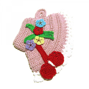 Presina rosa antico a forma di cappello con fiori colorati ad uncinetto 12.5x18 cm