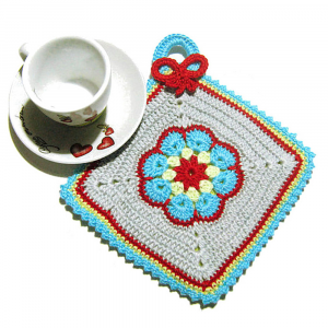 Presina grigia con fiore afgano ad uncinetto 15.5x17 cm - Crochet by Patty