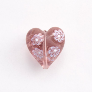 Perla di Murano a cuore con Murrine colore ametista trasparente, Ø20 mm con foro passante.