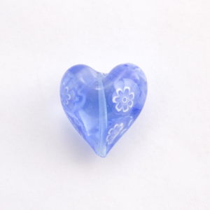 Perla di Murano a cuore con Murrine colore blu trasparente, Ø20 mm con foro passante.
