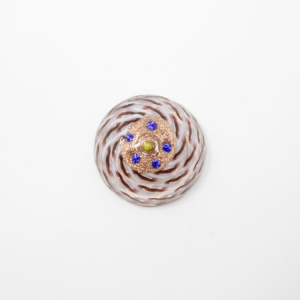 Perla di Murano Ø20 mm con filigrana bianca e marrone e avventurina, colore cristallo e blu e foro posteriore